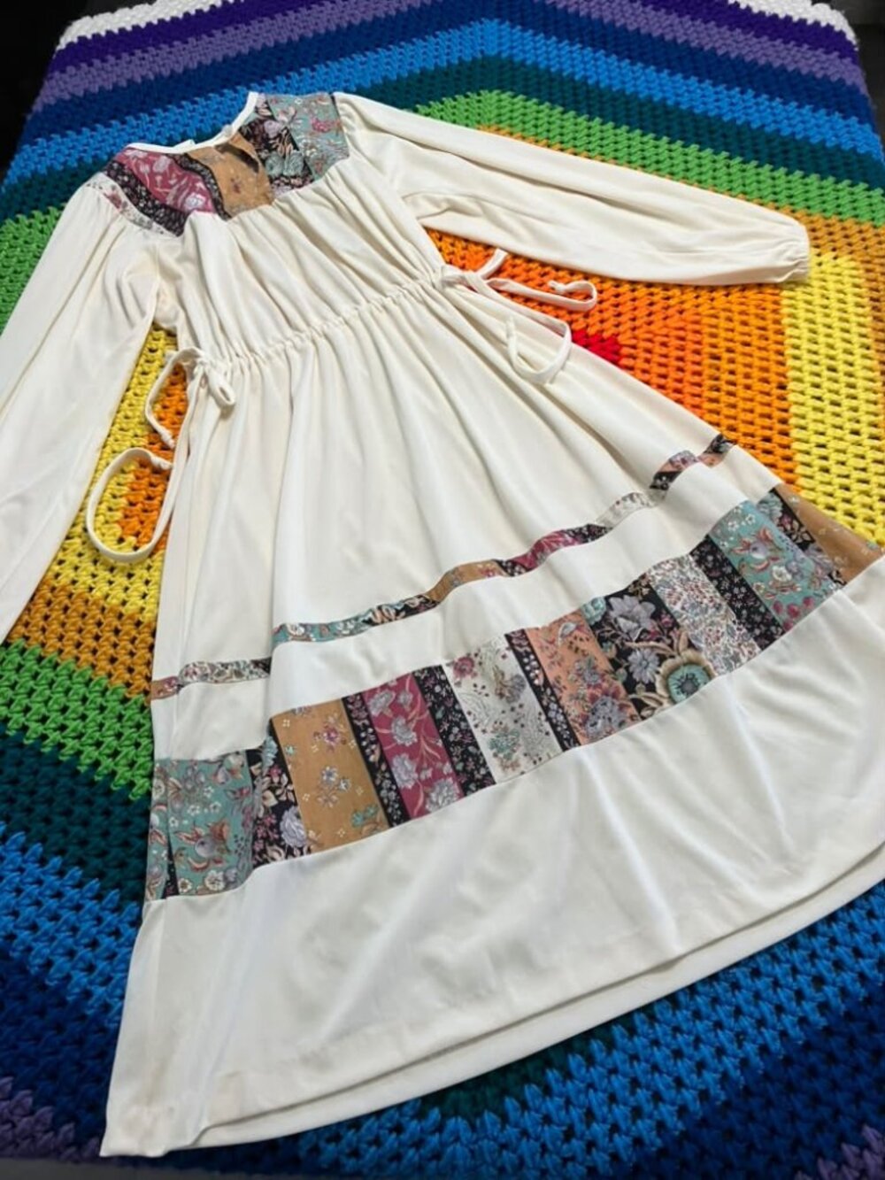 70s Vintage White Ivory Rainbow Berry Fruit Calico Patchwork Prairie Disco Dress